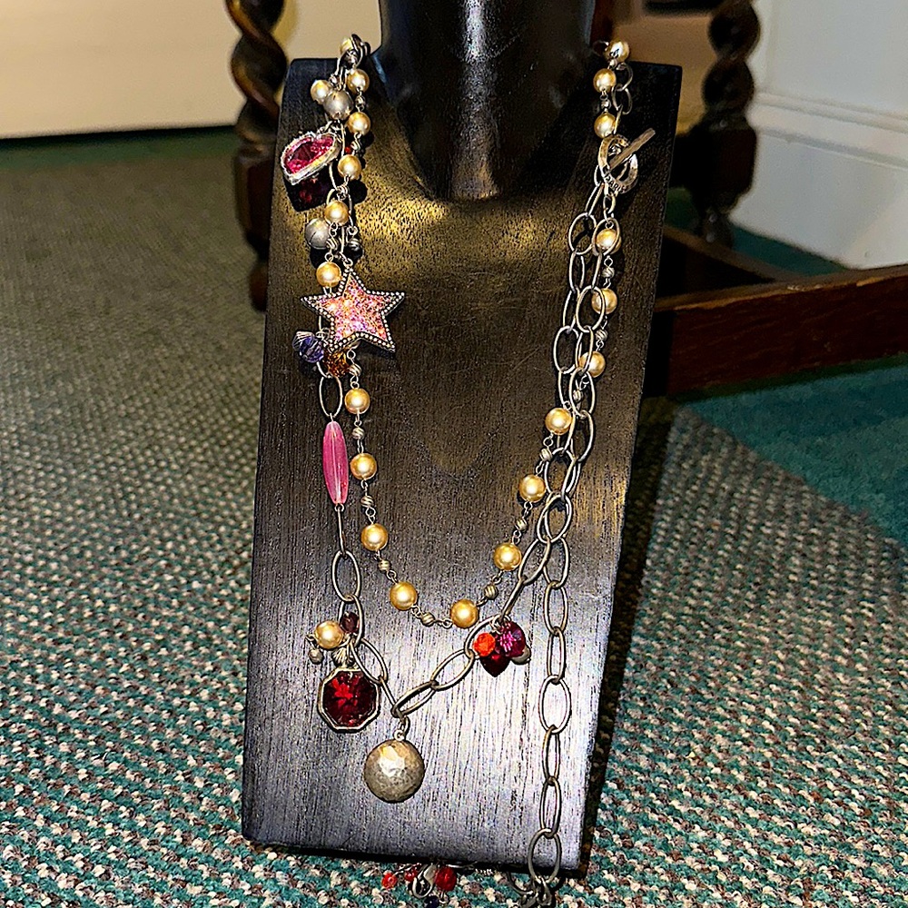 POGGI PARIS Embellished Crystal Gem Layered Charm Necklace